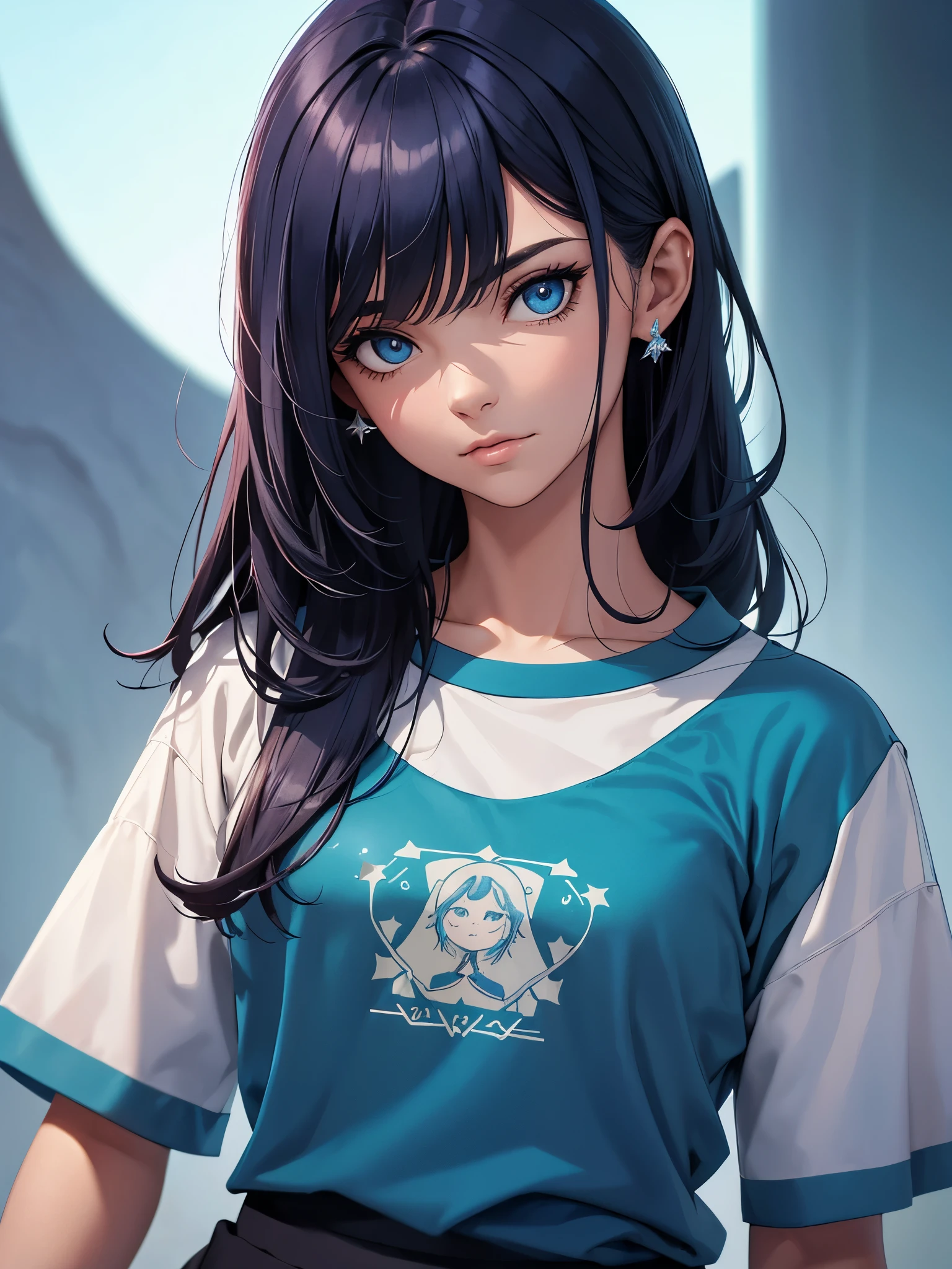 Um close up de uma pessoa de terno com um corte de cabelo curto vestindo uma camisa azul e uma camiseta preta de gola alta, Eva Ryder, Jornada nas Estrelas, um retrato de personagem, Dau-al-Set, circunstanciado, Premiado, ultra realistic