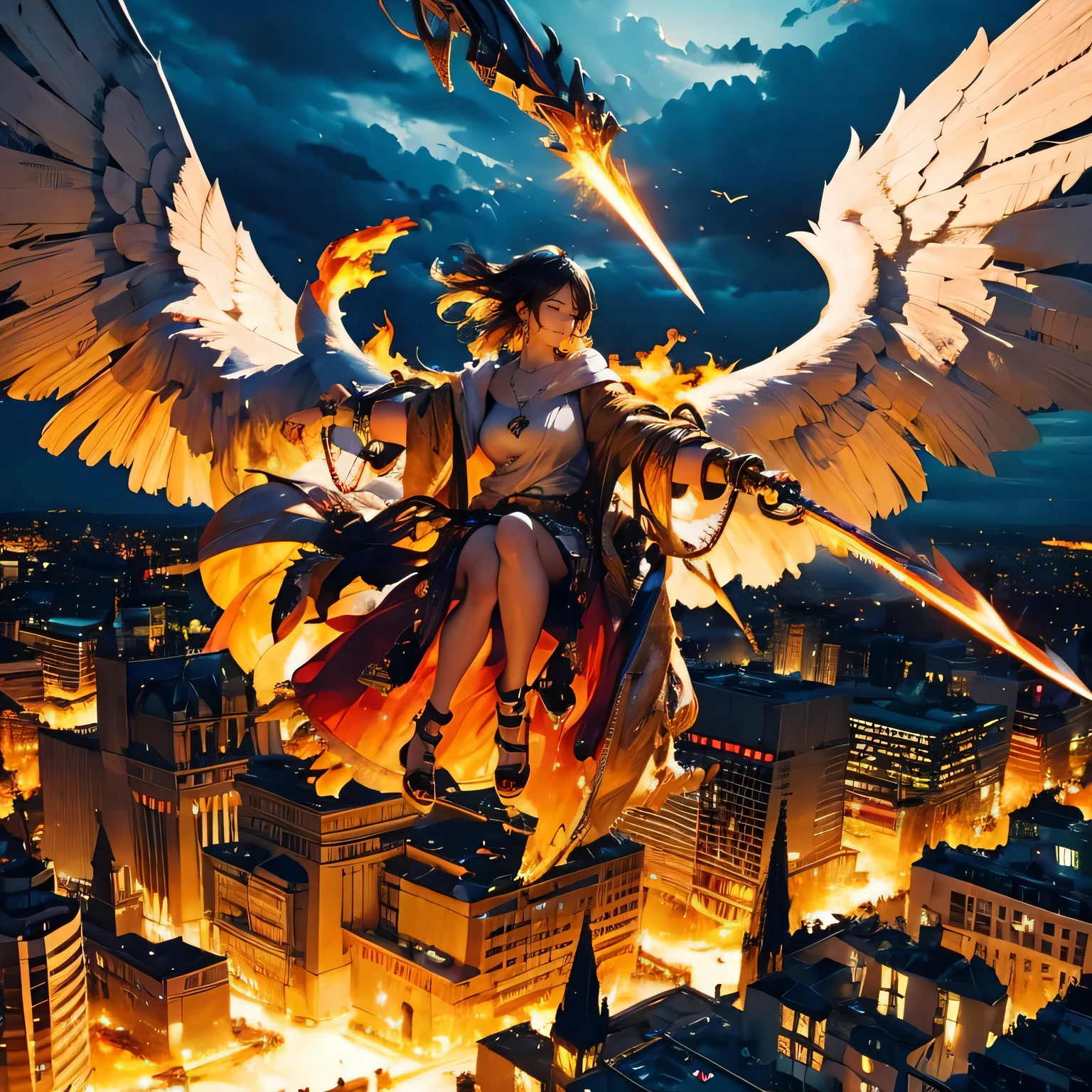 (mechanical), thunderstorm, having sword on fire, necklace on fire, (apocalypse), (flying above the city), huge angel, in the city, huge fire looks like wings, drooping eyes, sleepy,