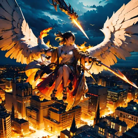 (mechanical), thunderstorm, having sword on fire, necklace on fire, (apocalypse), (flying above the city), huge angel, in the ci...