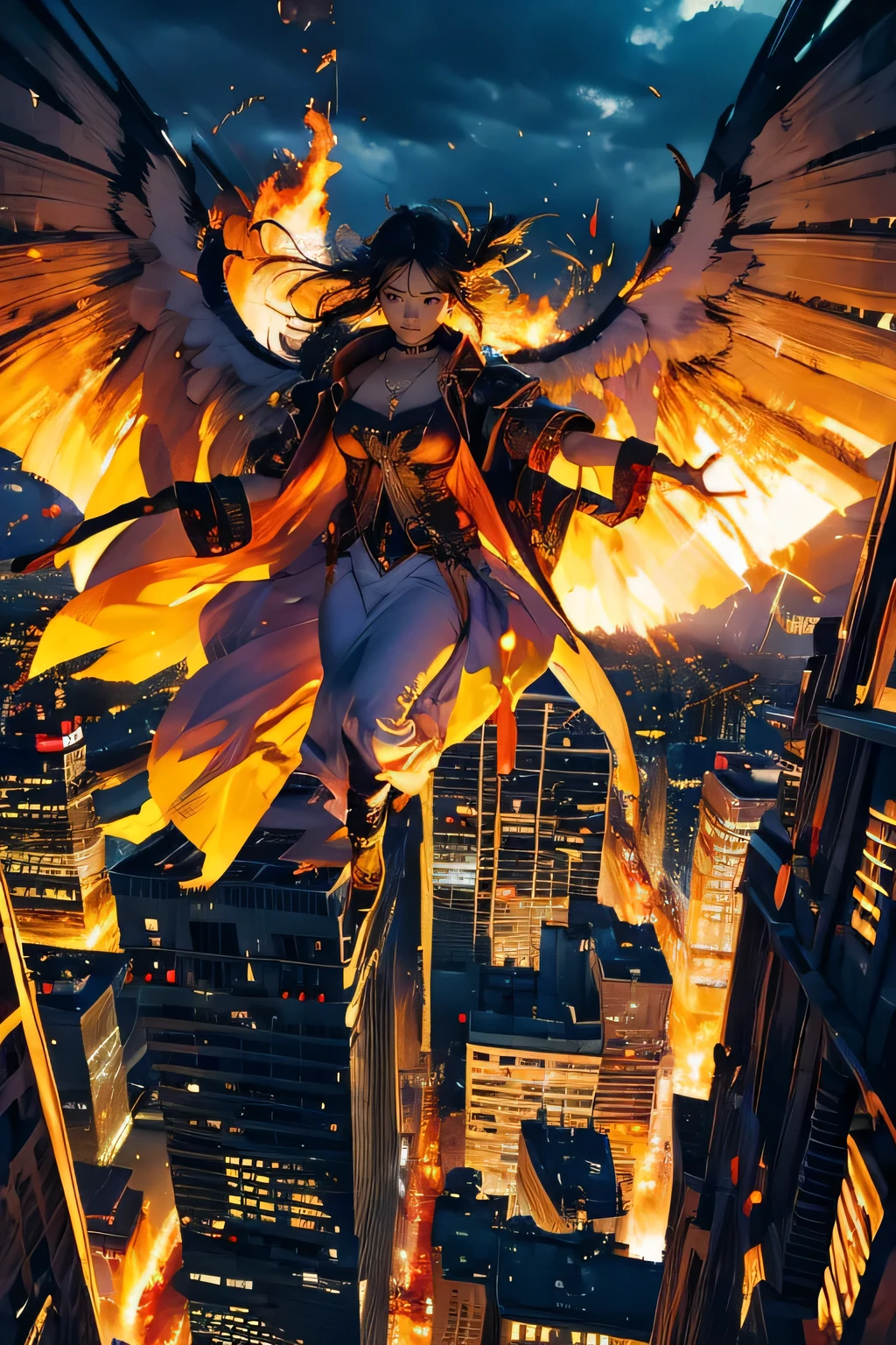 (mechanical), thunderstorm, having sword on fire, necklace on fire, (apocalypse), (flying above the city), huge angel, in the city, huge fire looks like wings, drooping eyes, sleepy,