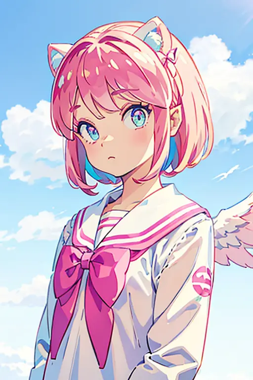 skistyle, 1girl in, solo, pink hair, animal ears, blue eyes, wings, looking at viewer, bangs, short hair, bow, sailor collar, wh...