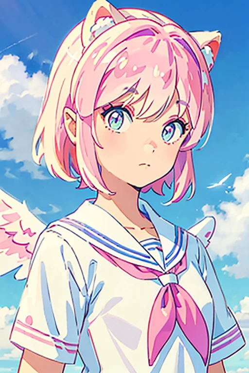 skistyle, 1girl in, Solo, Pink hair, Animal ears, Blue eyes, Wings, Looking at Viewer, Bangs, Short hair, Bow, Sailor collar, white Sailor collar, hair Bow, pink Bow, Closed mouth, Shirt, white Shirt, Bear ears, bob cuts, mini Wings, Portrait, detached Wings, makeup, Upper body, city in background