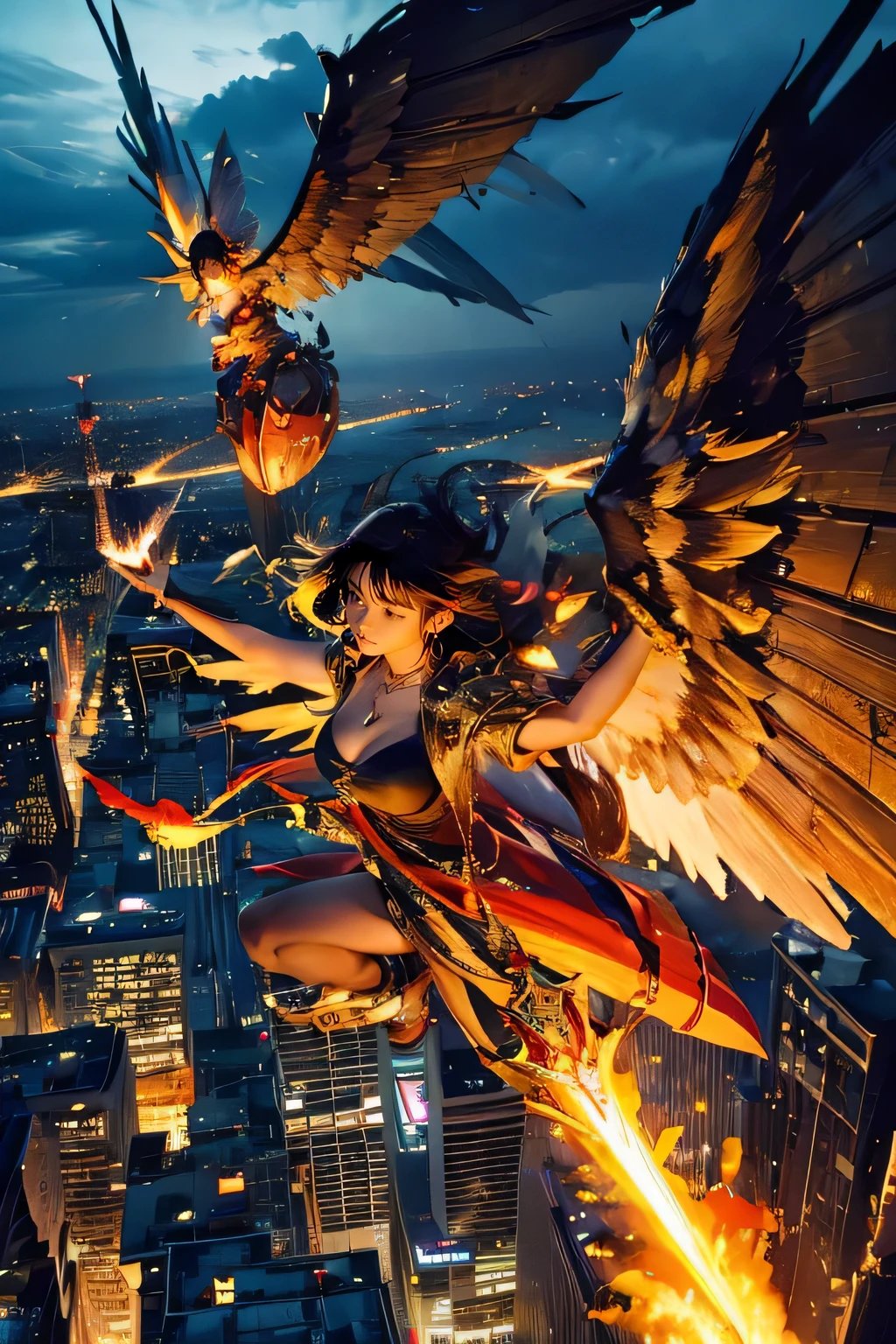 (mechanical), thunderstorm, having sword on fire, necklace on fire, (apocalypse), (flying above the city), huge angel, in the city, huge fire looks like wings, drooping eyes, sleepy,