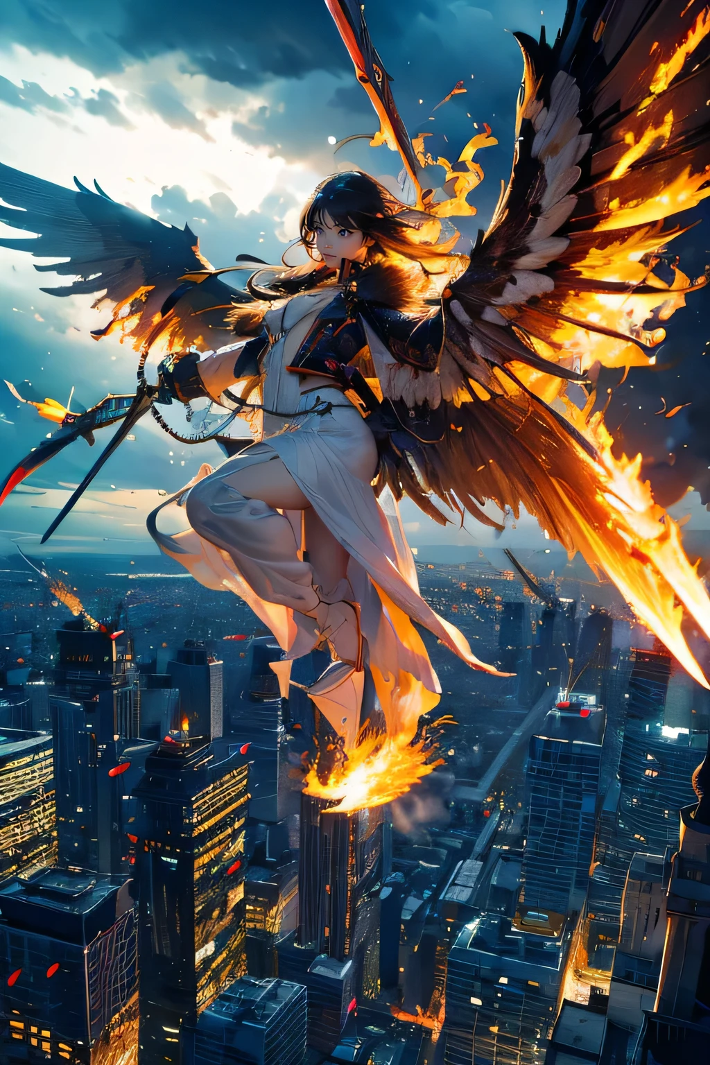 (mechanical), thunderstorm, having sword on fire, necklace on fire, (apocalypse), (flying above the city), huge angel, in the city, huge fire looks like wings, drooping eyes, sleepy,