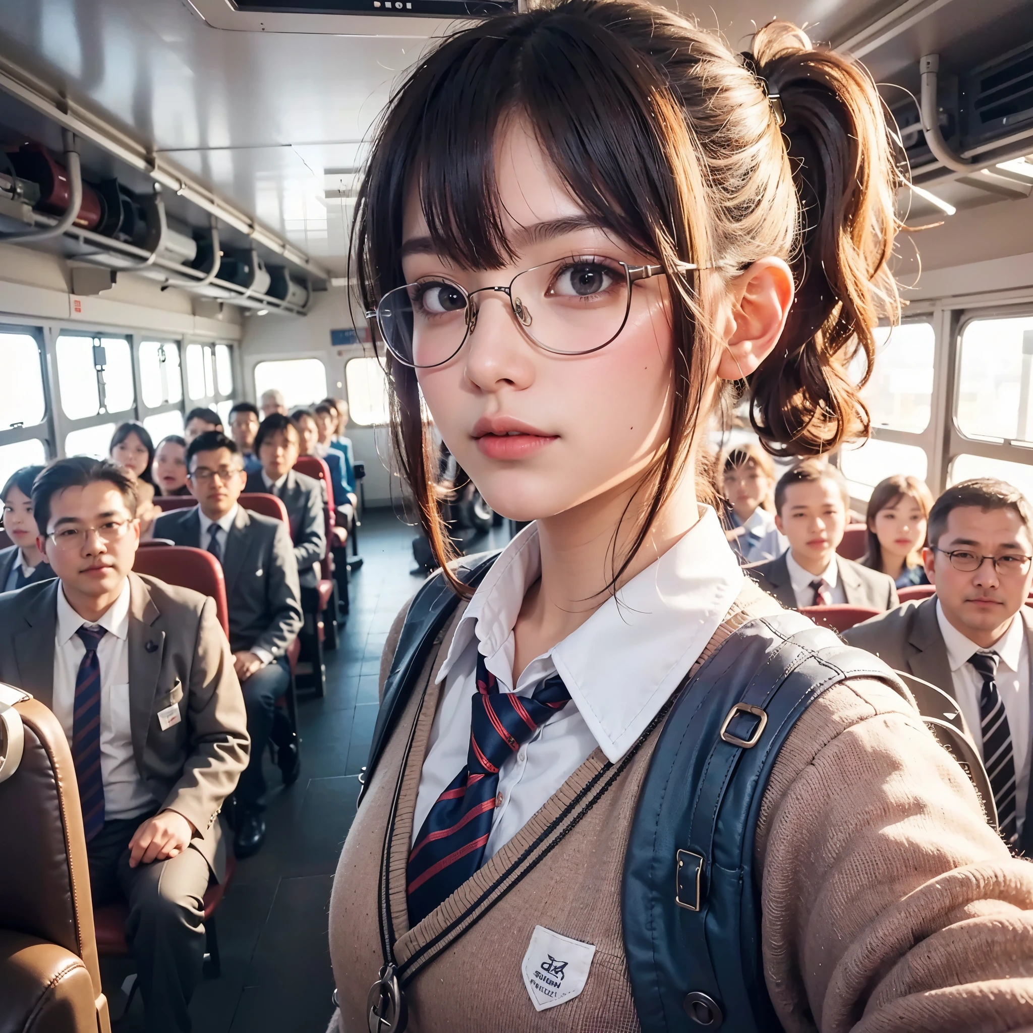 generate an kid 13 years old smiling, selfie, pov, short ponytail hair, side, wearing school uniform, glasses, inside bus, bus full with men standing arround her  , masterpiece, best quality:1.2),,(8k,highres,RAW photo,realistic,photo-realistic:1.3),(detailed skin texture,detailed cloth texture,beautiful detailed face:1.25),professional lighting,photon mapping,beautiful soft light,radiosity,physically-based rendering,raytracing, model shoot style, model shoot style, (extremely detailed CG unity 8k wallpaper), full shot body photo of the most beautiful artwork in the world