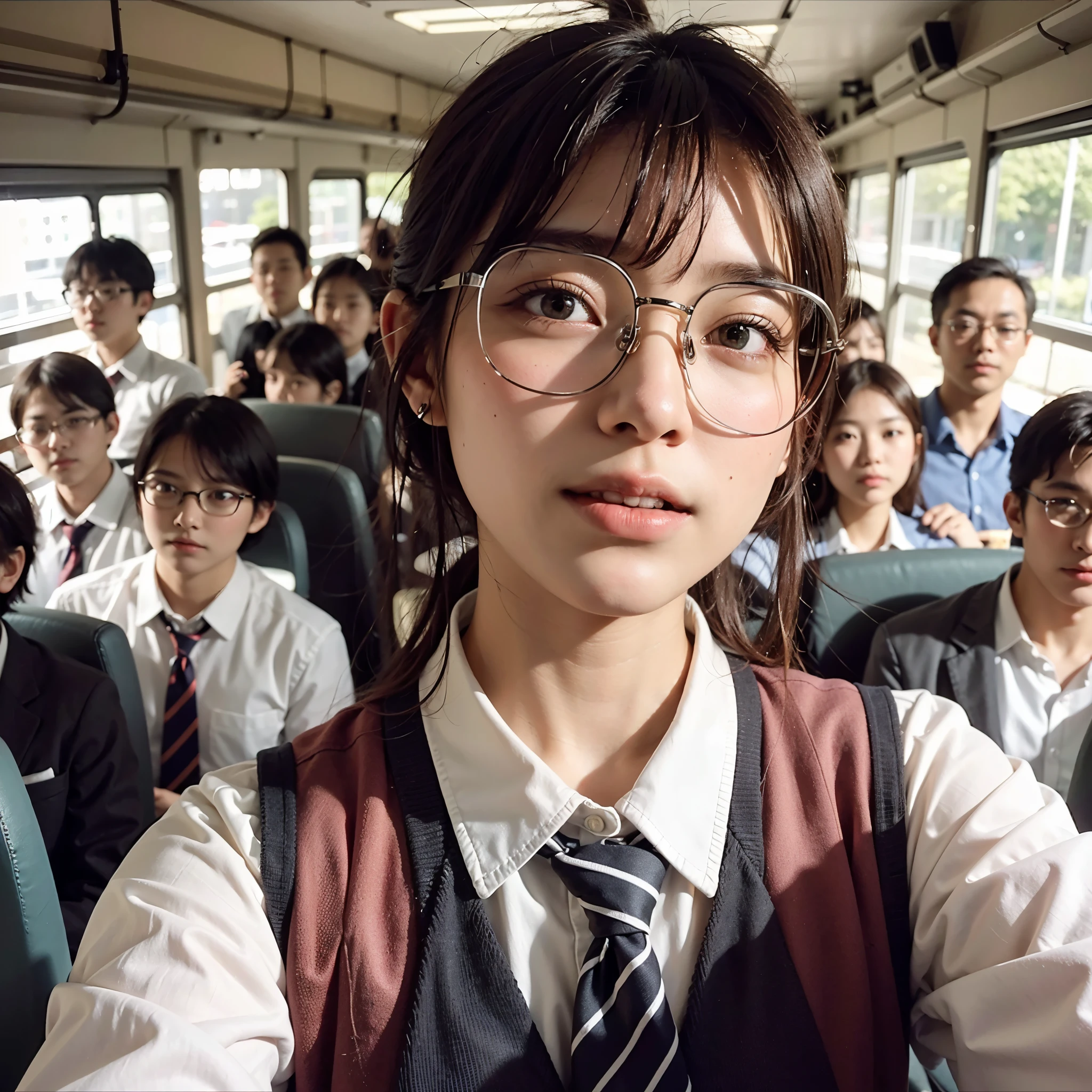 generate an kid 13 years old smiling, selfie, pov, short ponytail hair, side, wearing school uniform, glasses, inside bus, bus full with men standing arround her  , masterpiece, best quality:1.2),,(8k,highres,RAW photo,realistic,photo-realistic:1.3),(detailed skin texture,detailed cloth texture,beautiful detailed face:1.25),professional lighting,photon mapping,beautiful soft light,radiosity,physically-based rendering,raytracing, model shoot style, model shoot style, (extremely detailed CG unity 8k wallpaper), full shot body photo of the most beautiful artwork in the world