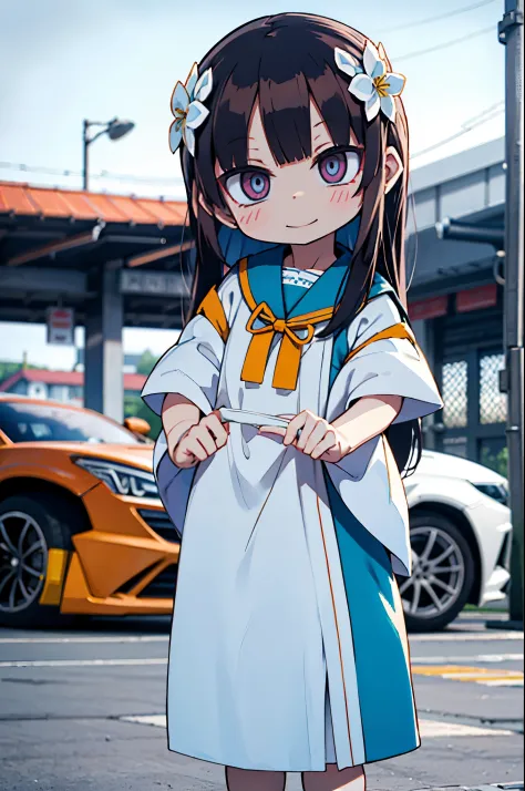 Octane Render、(Hyper-detailing: 1.15)、(Soft light、sharp: 1.2)、morning、Little girl posing in front of colorful EV in parking lot near beach, Traditional costumes、Distinctive ethnic hair ornaments、Unique ethnic calligraphy movie, F/4.0, masutepiece, Anatomic...