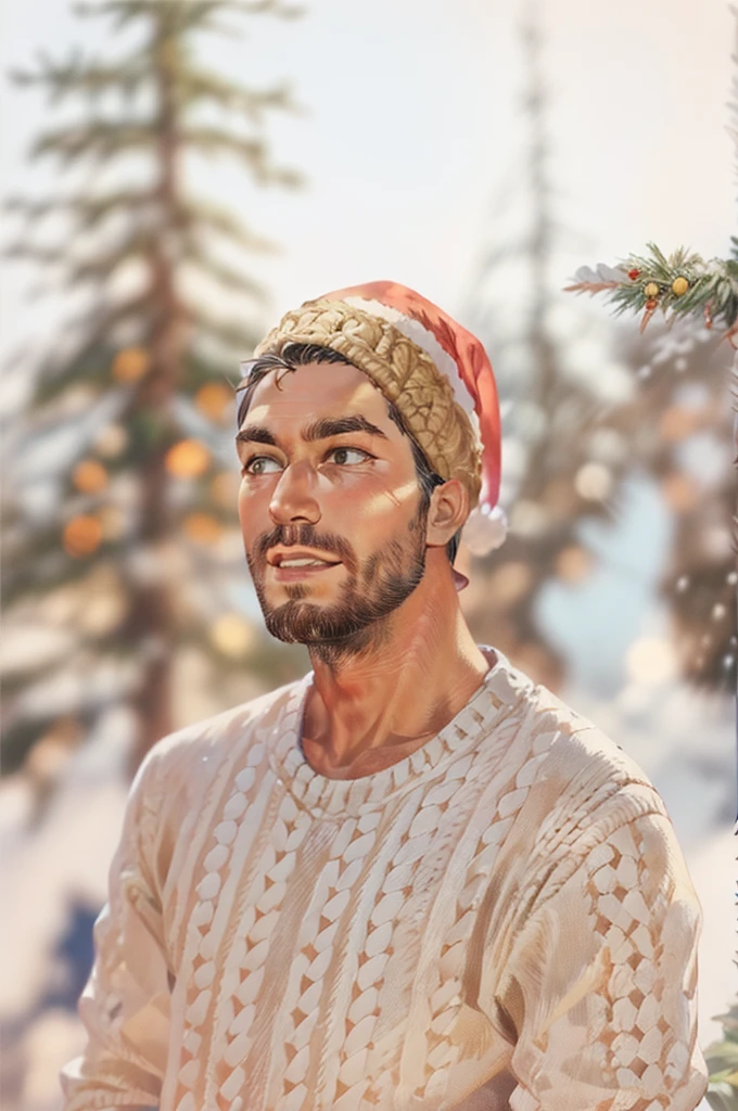 arafed man in a hat and sweater standing in the snow,hd, (best details), (best quality), happy, masterpiece, best quality, high resolution, christmas dress up, lights, snowflakes, young people, (((Christmas hat)))