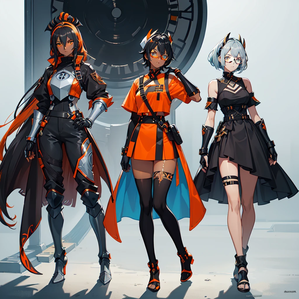 (((One character))), Female, (((Dark Skin)))), Black Hair with Ponytail, Light Blue Eyes, Round Glasses with a Little Dark Lens with this Lens being Orange, and the Light Blue Color frame, (((Black Metallic Gauntlets and Greaves with Orange and Silver Highlights)), (((The Clothes Have a Mix of Modern and Tribal)))), Having Mostly Black Color,  but having Orange Parts, Shoulders on Display, On the Hip a Shorts extending to Half of the Thigh of black color.