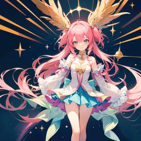 Anime star magical girl, sparkling magical girl, portrait of the magical girl, beautiful celestial mage, magical little girl, anime goddess, celestial magical girl, colorful gradient layered magical costume, (colorful), whimsical, cute, full body