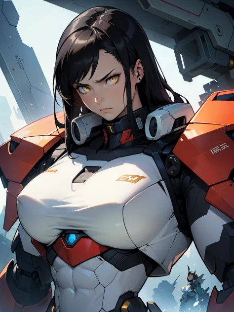 (((muscular girl thick large breats toned body))) sad frown girl black hair yellow eyes pale skin mecha mecha mecha mecha mecha ...