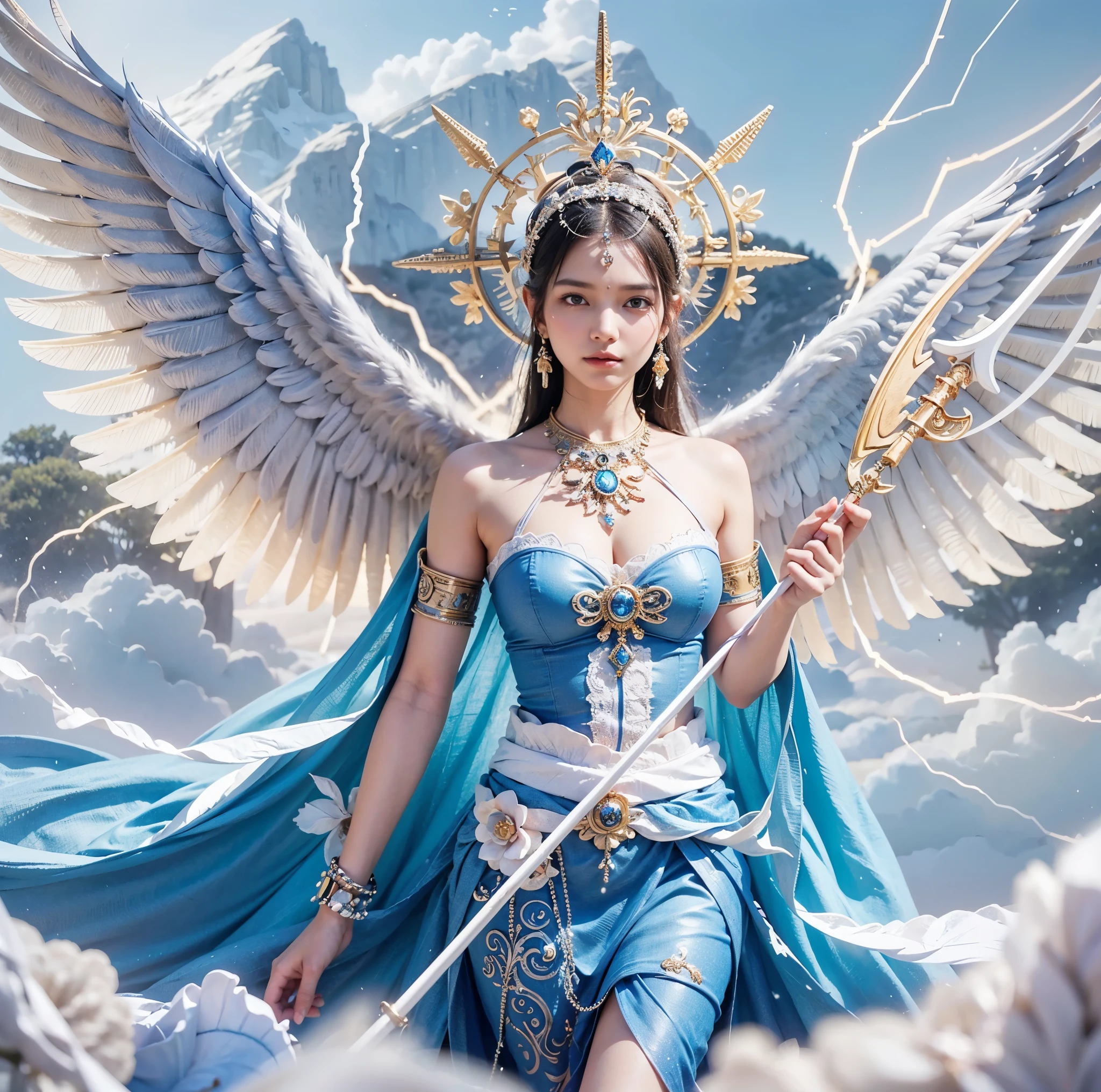 a woman in a blue dress holding a spear and a large white angel, devi wings, as a mystical valkyrie, cloud goddess, javanese mythology, female lord of change, portrait of modern darna, inspired by Rudy Siswanto, mystical atlantean valkyrie, goddess of love and peace, mystical valkyrie, earth goddess mythology, trending digital fantasy art  , masterpiece, best quality:1.2),,(8k,highres,RAW photo,realistic,photo-realistic:1.3),(detailed skin texture,detailed cloth texture,beautiful detailed face:1.25),professional lighting,photon mapping,beautiful soft light,radiosity,physically-based rendering,raytracing, model shoot style, model shoot style, (extremely detailed CG unity 8k wallpaper), full shot body photo of the most beautiful artwork in the world