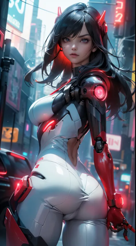 highest qualityr))、((obra maestra)、cyberpunked、large buttockss、arrodillarse、Electronic visor attached to the face of a 12-year-old girl with emphasis on the buttocks、Red latex body,Moda cyberpunk、Pose sexy、(Usar polainas amarillas en la parte inferior del ...