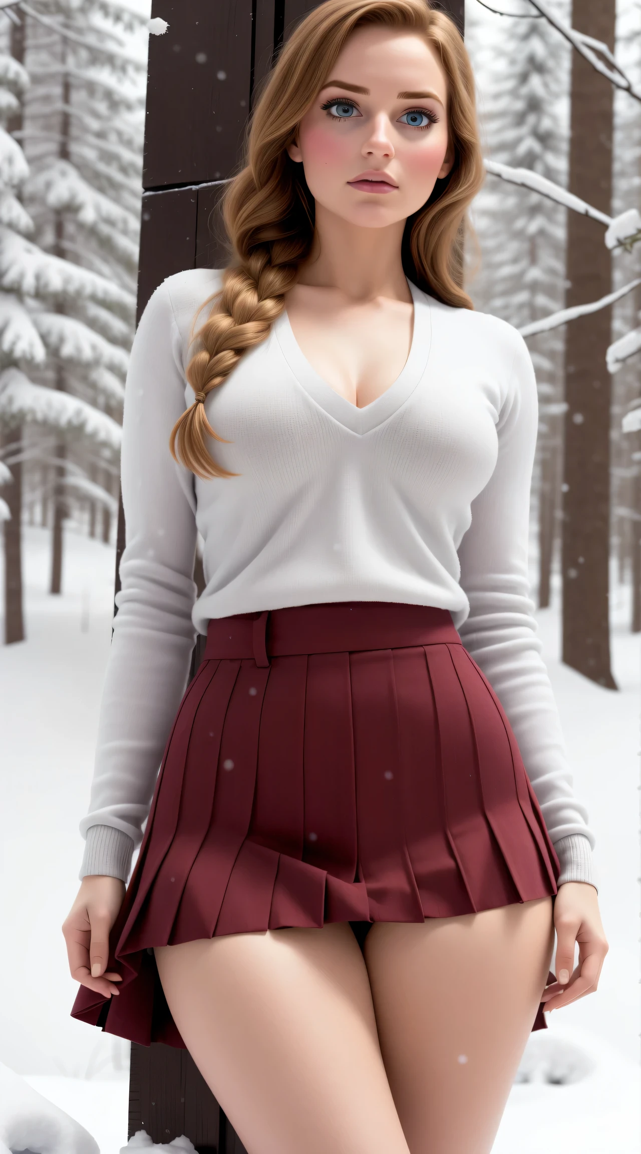 woman, ((Masterpiece, best quality)), full body view, sexy, bursting huge breasts, detailed skin, Anna from Frozen as a nurse, white nurse clothes, highly detailed, cinematic lighting, ultra realistic, blush, looking at viewer,  anna, anna from frozen, princess, disney, brown hair, long hair, portrait, outdoor, snow,  cleavage,  large breasts,  wide hips, full body view, tall, 
skirt, miniskirt, microskirt, pleated skirt, thighs,