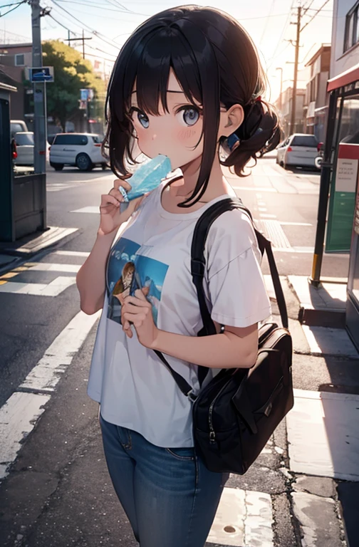 1boy, front view, from distance, curly hair, standing, eating icicle, looking up,bus stop in the background, holding a plastic bag, wearing large denim pants, wearing vans shoes, wearing oversize brown t-shirt, sunset light, movie still, emotional lighting, perfect face, beautiful eyes, perfect anatomy, best quality, 8k, ultra-high res, shot on dslr, depth of field, warm colors, sunny day, masterpiece, cute boy