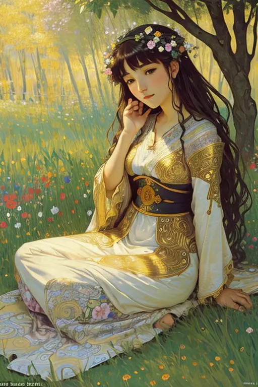 Beautiful, kitsune goddess, sitting in a field of flowers, painted by alphonse mucha and gustav klimt