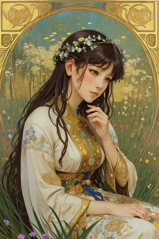 Beautiful, kitsune goddess, sitting in a field of flowers, painted by alphonse mucha and gustav klimt