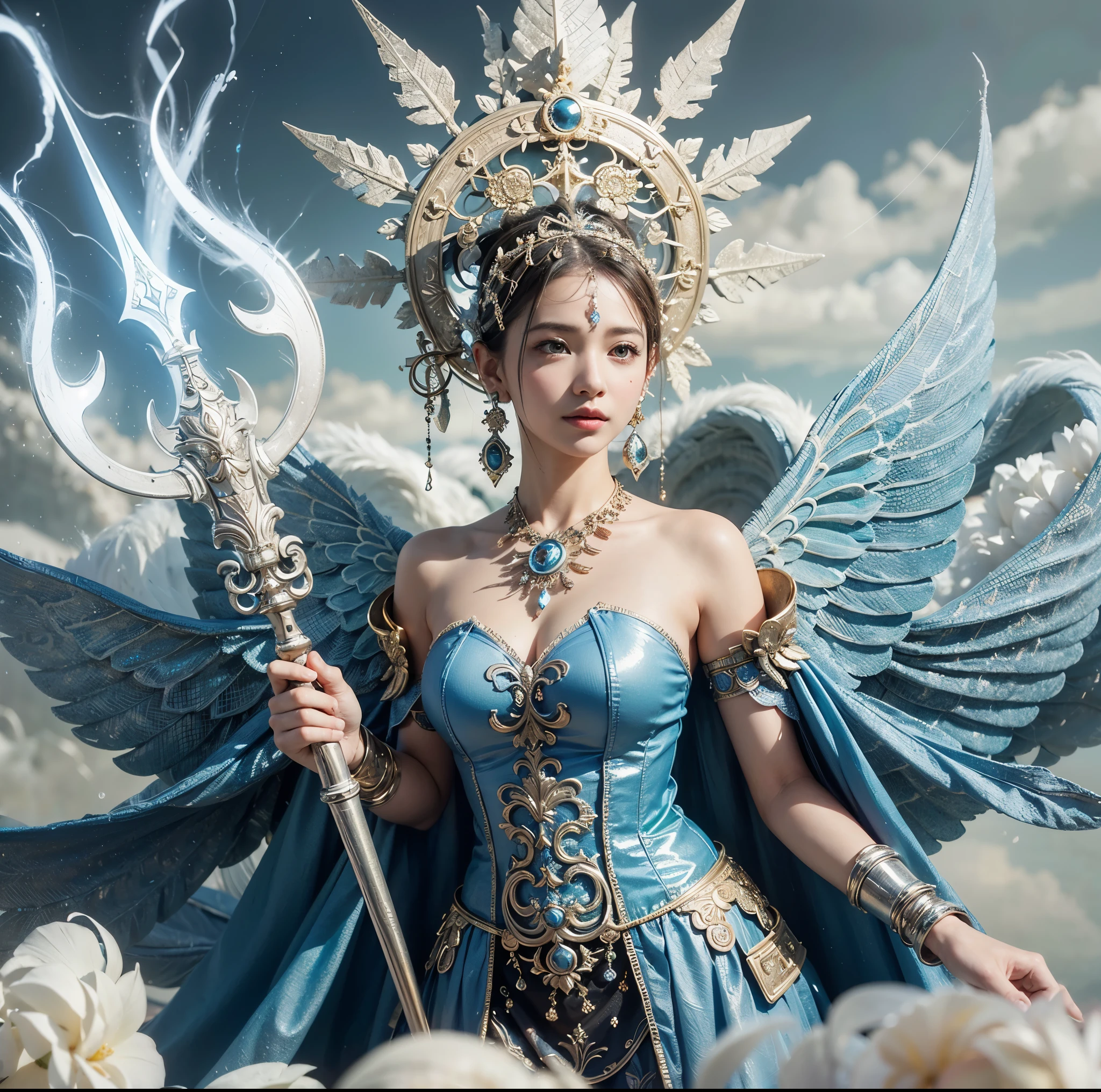 a woman in a blue dress holding a spear and a large white angel, devil wings, flying on the clouds, xlouds, as a mystical valkyrie, cloud goddess, javanese mythology, female lord of change, portrait of modern darna, inspired by Rudy Siswanto, mystical atlantean valkyrie, goddess of love and peace, mystical valkyrie, earth goddess mythology, trending digital fantasy art  , masterpiece, best quality:1.2),,(8k,highres,RAW photo,realistic,photo-realistic:1.3),(detailed skin texture,detailed cloth texture,beautiful detailed face:1.25),professional lighting,photon mapping,beautiful soft light,radiosity,physically-based rendering,raytracing, model shoot style, model shoot style, (extremely detailed CG unity 8k wallpaper), full shot body photo of the most beautiful artwork in the world