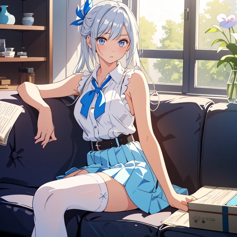 (masterpiece:1.1), (high resolusion:1.1), (illustration:1.05),,(lucy heartfilia:1.2), solo, silver hair, large breasts, white shirt, sleeveless, belt, blue skirt,, sitting on couch,side bangs, indoors,(black thighhighs:1.2),( spread legs:1.2),(pov:1.5),(spread legs:1.2),forcus on panty,(detailed purple hipster panties:1.4),thighhighs,(trembling,vulgarity,steam,:1.2), (enchanted face:1.4),arms behind back,(vulgarity,sexual ecstasy,:1.2),Minimal background, full bodyesbian, Anime style, cartoon,a sticker,(pantyhose:1.2)