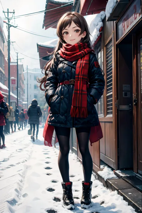 1girl, solo, winter, (full body、red long scarf, looking at viewer, center, f black hair、student clothes、smileBREAK outdoor, hill...