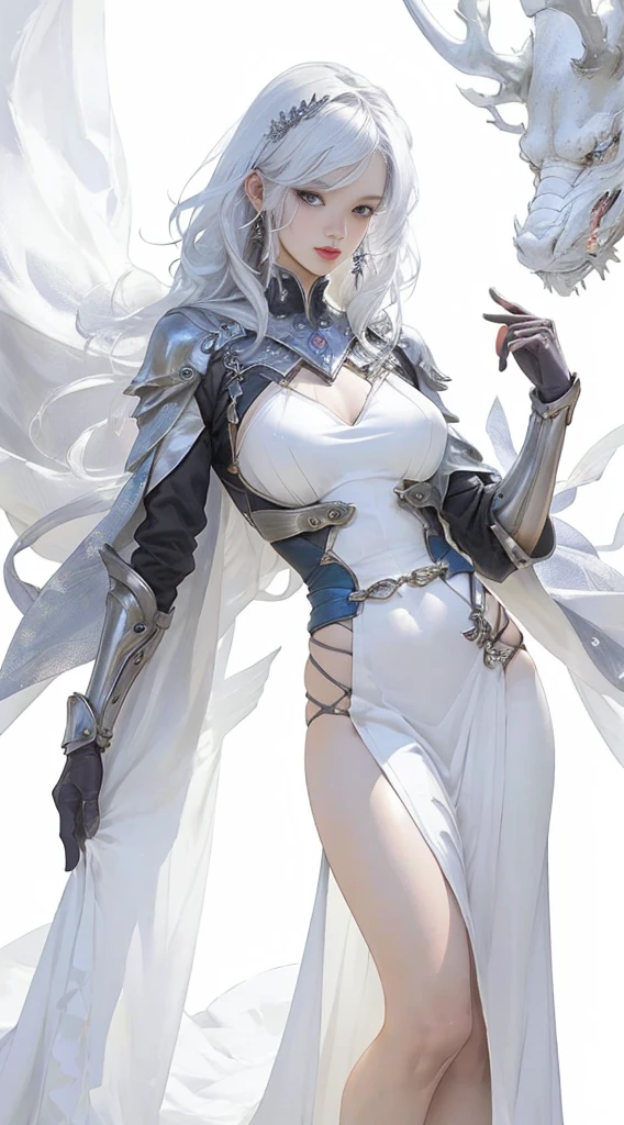 1 beautiful girl、Solo、On the thighs、Realistic,Lips、Best Quality,Good anatomy，Skin Texture、Intermediate chest、white  hair、silver voluminous long dress、Fantasy Art Style, palatial palace