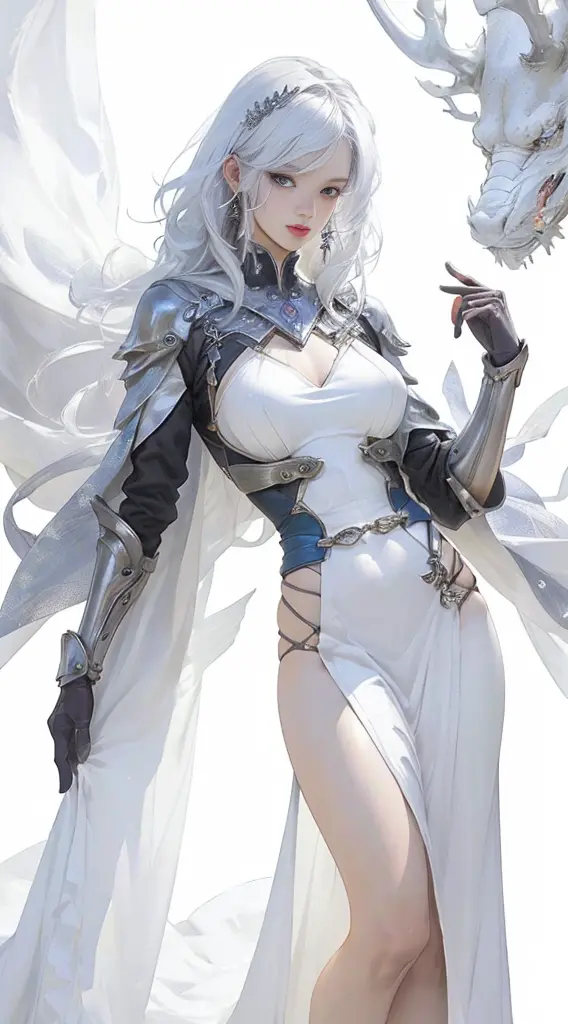 1 beautiful girl、solo、on the thighs、realistic,lips、best quality,good anatomy，skin texture、intermediate chest、white  hair、silver ...