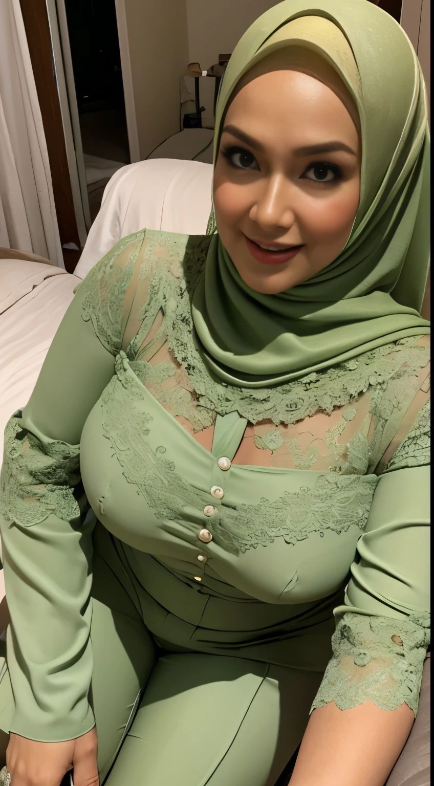 Muslim woman in green dress sitting on bed with white sheets - SeaArt AI