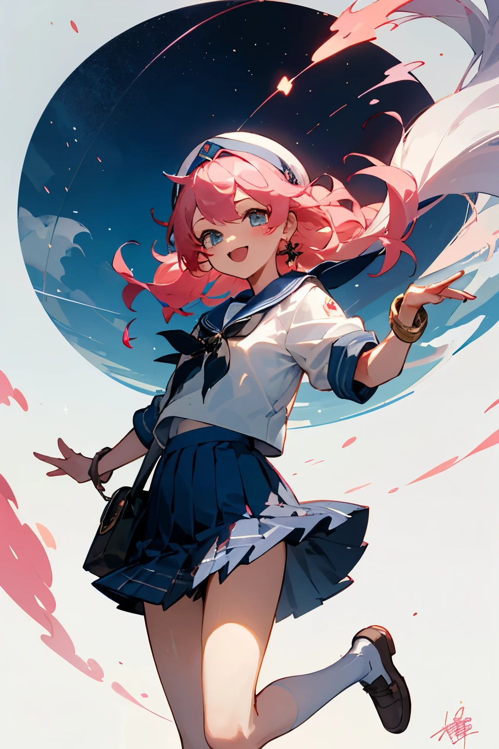 Anime girl with pink hair and blue dress holding a knife - SeaArt AI