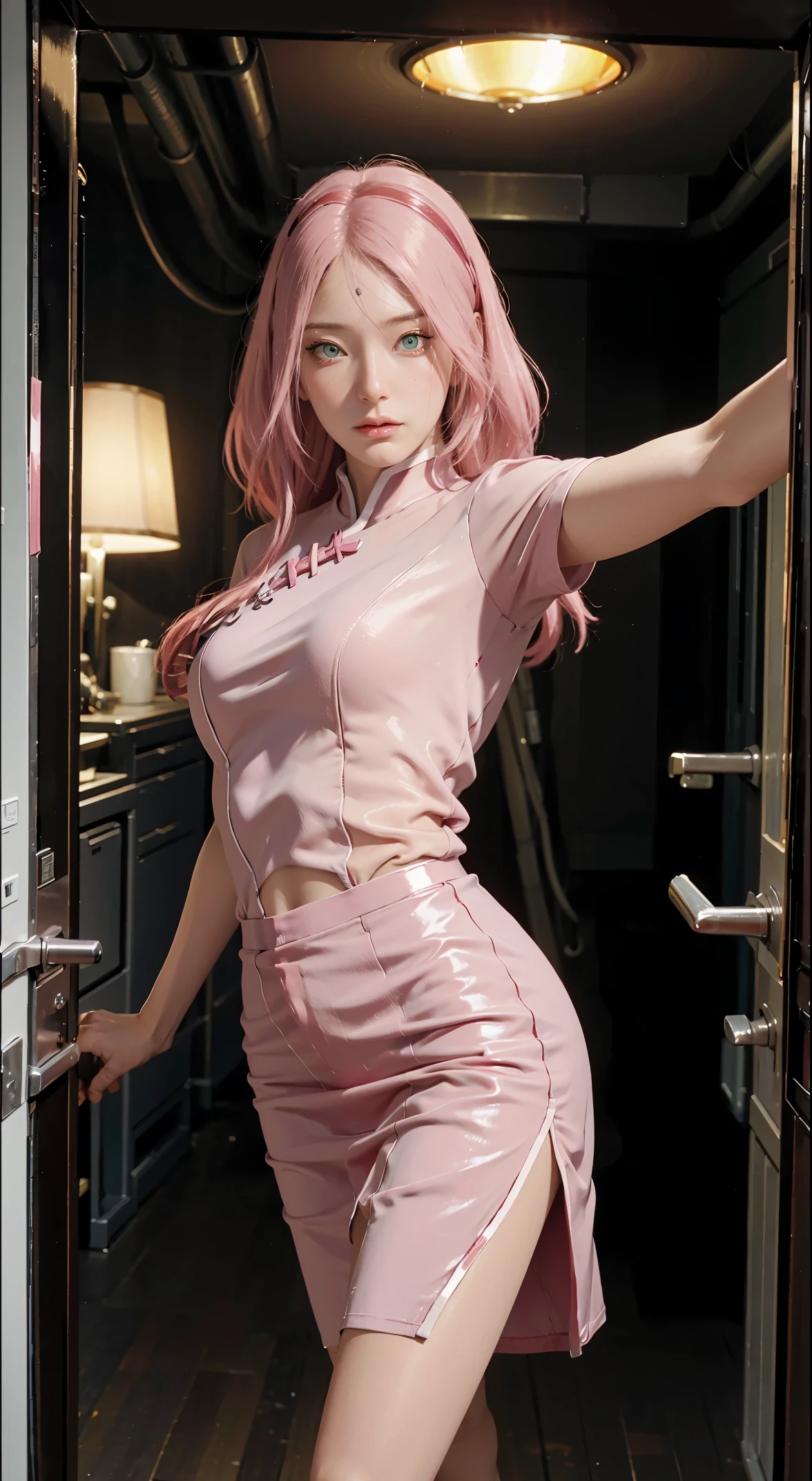 Photorealistic, high resolution, 1 Women, Solo, Hips up, view the viewer, (Detailed face), pink long hair, Long hair, Secretary uniform, short tight skirt , plain formal shirt.