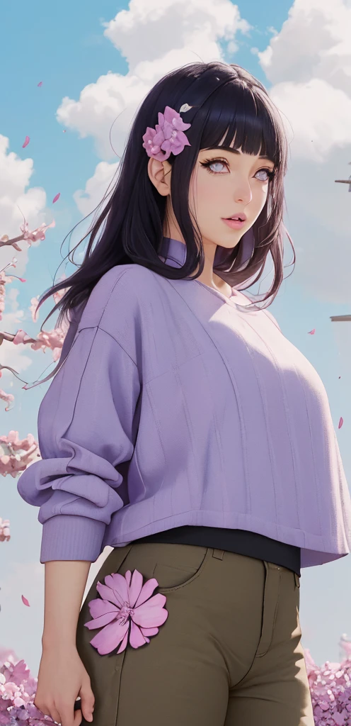 master part, absurderes, hinata\(boruto\), 1girl, standing alone,Mature female, purple hoodie,layered sleeves, brown pants,  plein-air, lavender flower field, looking at the petals), Cloudy sky, perfect composition, circumstantiated lips, large breasted, beautiful face, body propotion, blush, (pink lips), short-hair,  lilac eyes,  gentle look, sad smile,  super realistic, circunstanciado, Photo Session, realistic face and body,  Realistic hair, realisticeyes, realistic nose, realistic lips, アニメ, walking under the flower petals, lilac sneakers