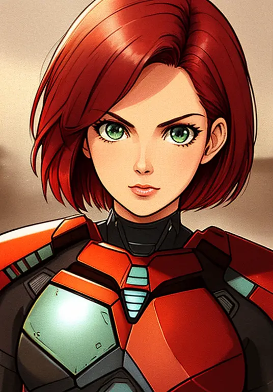 masterpiece, best quality, 1990s \(style\), 2000's \(style\), 1girl, Jane Shepard, FemShep, short hair, red hair, green eyes, bl...