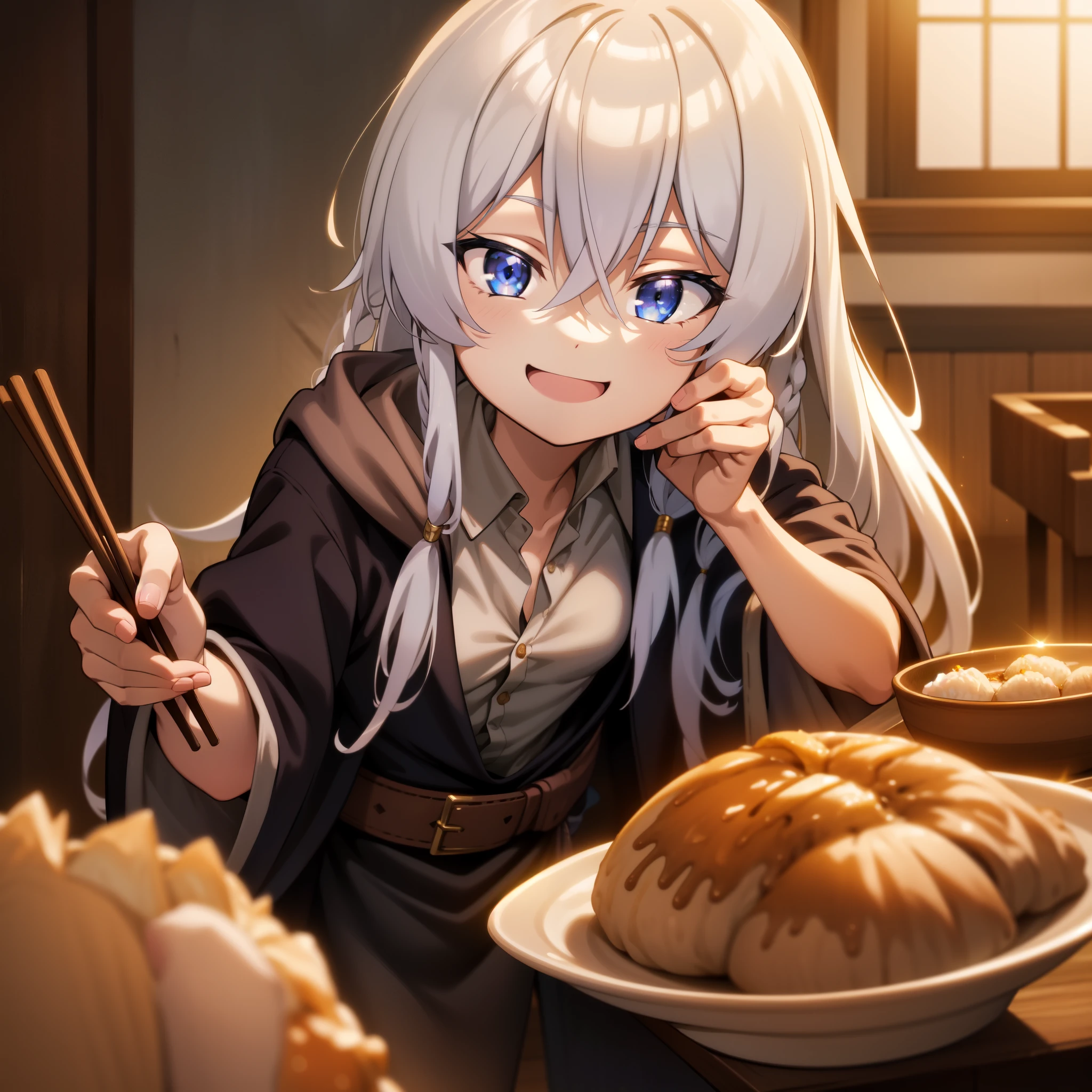 Elaina, pov, face focus, hold chopsticks, eat dumpling, feast on the table, happy, absurdres, highres, official art, beautiful, best quality, long hair, white shirt, white hair, hair between eyes, braid, black robe, black skirt, shiny eyes, blue eyes, small breasts