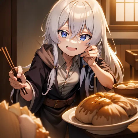 elaina, pov, face focus, hold chopsticks, eat dumpling, feast on the table, happy, absurdres, highres, official art, beautiful, ...