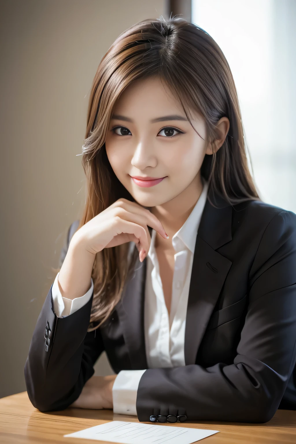 On a table, Best quality, realistically, ultra - detailed, Detailed pubic hair, A high resolution, 4k wallpaper, 1 Beautiful woman,, light brown messy hair, dressed in a suit, lock focus, Perfect dynamic composition, beautidful eyes, Delicate hair, 细致realistically的皮肤纹理, Smiling, closeup portrait, Model body type