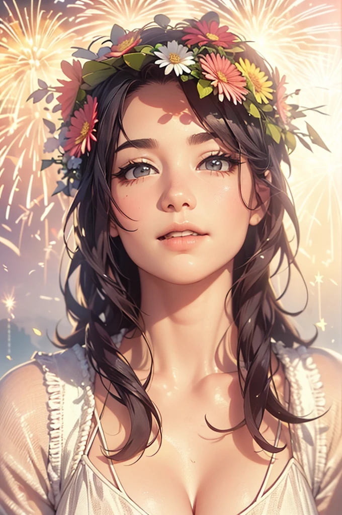 there is a woman with a flower crown on her head, (Fireworks in the vast night sky:1.3),(top-quality,8K,32K,​masterpiece,nffsw:1.3),(Photorealsitic:1.4),Raw photography,Wide Angle,hair adornments,Elegant Pose,skyrocket,Fireworks glare,depth of fields,lensflare,