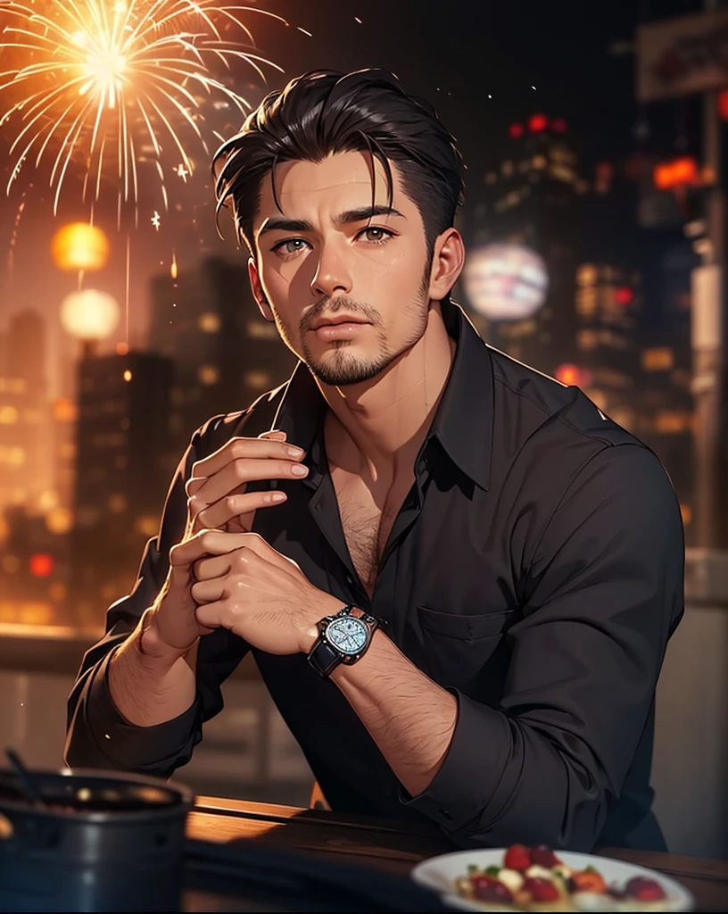 araffe man in black shirt sitting at table with a watch,(Fireworks in the vast night sky:1.3),(top-quality,8K,32K,​masterpiece,nffsw:1.3),(Photorealsitic:1.4),Raw photography,Wide Angle,hair adornments,Elegant Pose,skyrocket,Fireworks glare,depth of fields,lensflare,