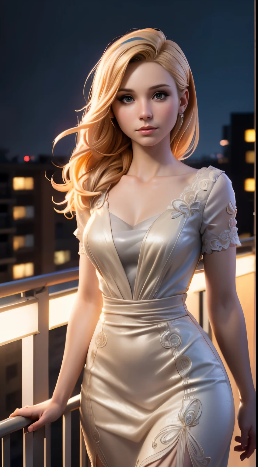 photo of Kristen Bell, RAW, beautiful woman, ((portrait)), ((detailed face:1.2)), ((detailed facial feature, detailed skin, clear skin), (perfect proportioned body), (wearing a colorful dress) (high detailed city environment, apartment balcony), (realistic photo, best quality, detailed), (8k wallpaper), (cinematic lighting, dramatic lighting) (sharp focus, intricate)