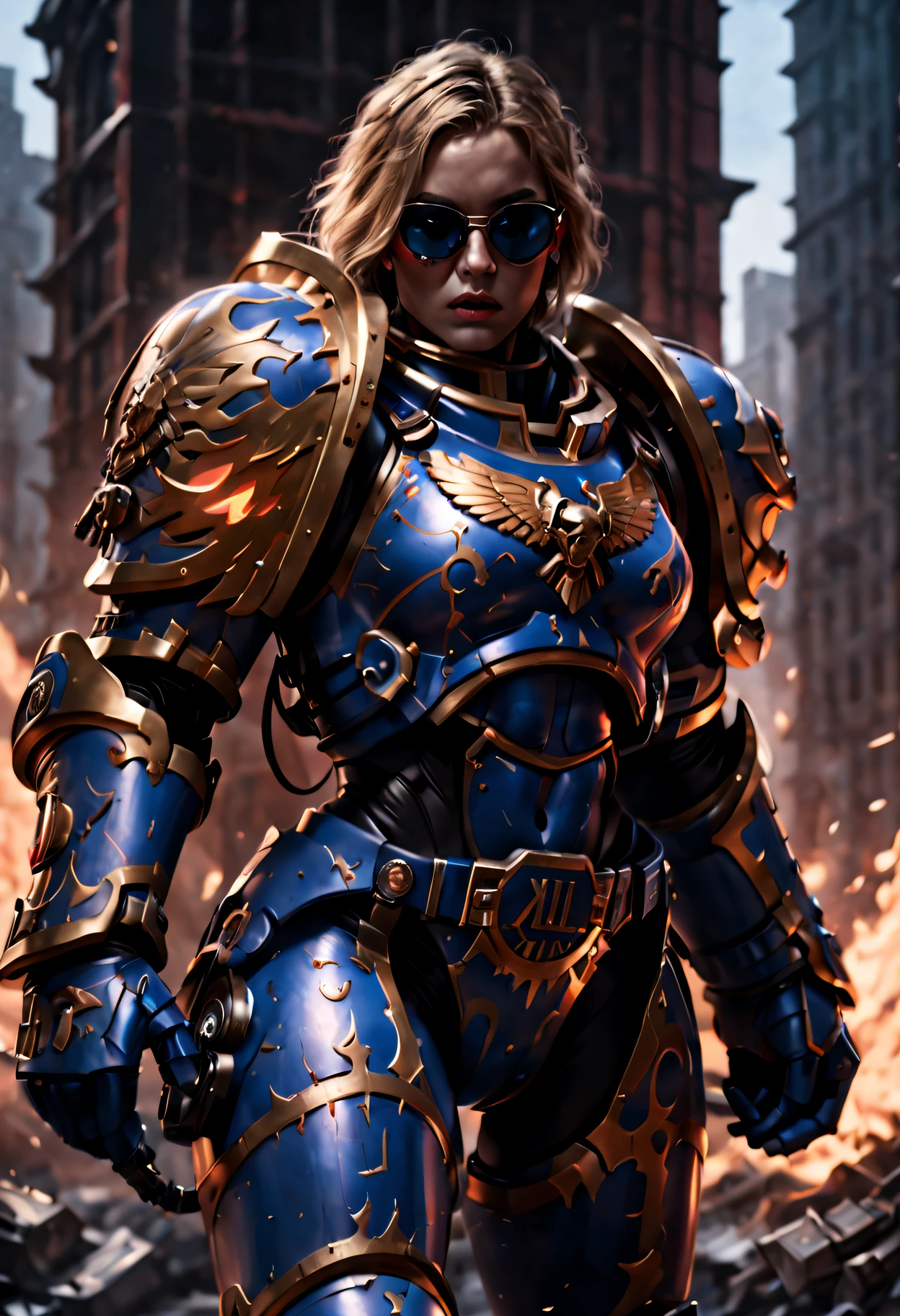 Universo Warhammer 40K，Garota de armadura de cavaleiro，Traje mecânico de armadura de ouro azul，óculos de sol vermelhos brilhantes ambiente de guerra feroz，Armado com uma espada flamejante，Prédios destruídos e chamas，O fundo é uma paisagem urbana futurista，atmosfera severa e ameaçadora，Estética cyberpunk de ficção científica，Alto contraste e tons dessaturados，Qualidade de efeito de iluminação dramático e dinâmico,4K,(Uma alta resolução,obra-prima:1.2),ultra-detalhado,(real,photoreal,photo-real:1.37)