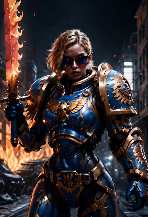 warhammer 40k universe，knight armor girl，blue gold armor mechanical suit，shiny red sunglasseierce war environment，armed with a f...