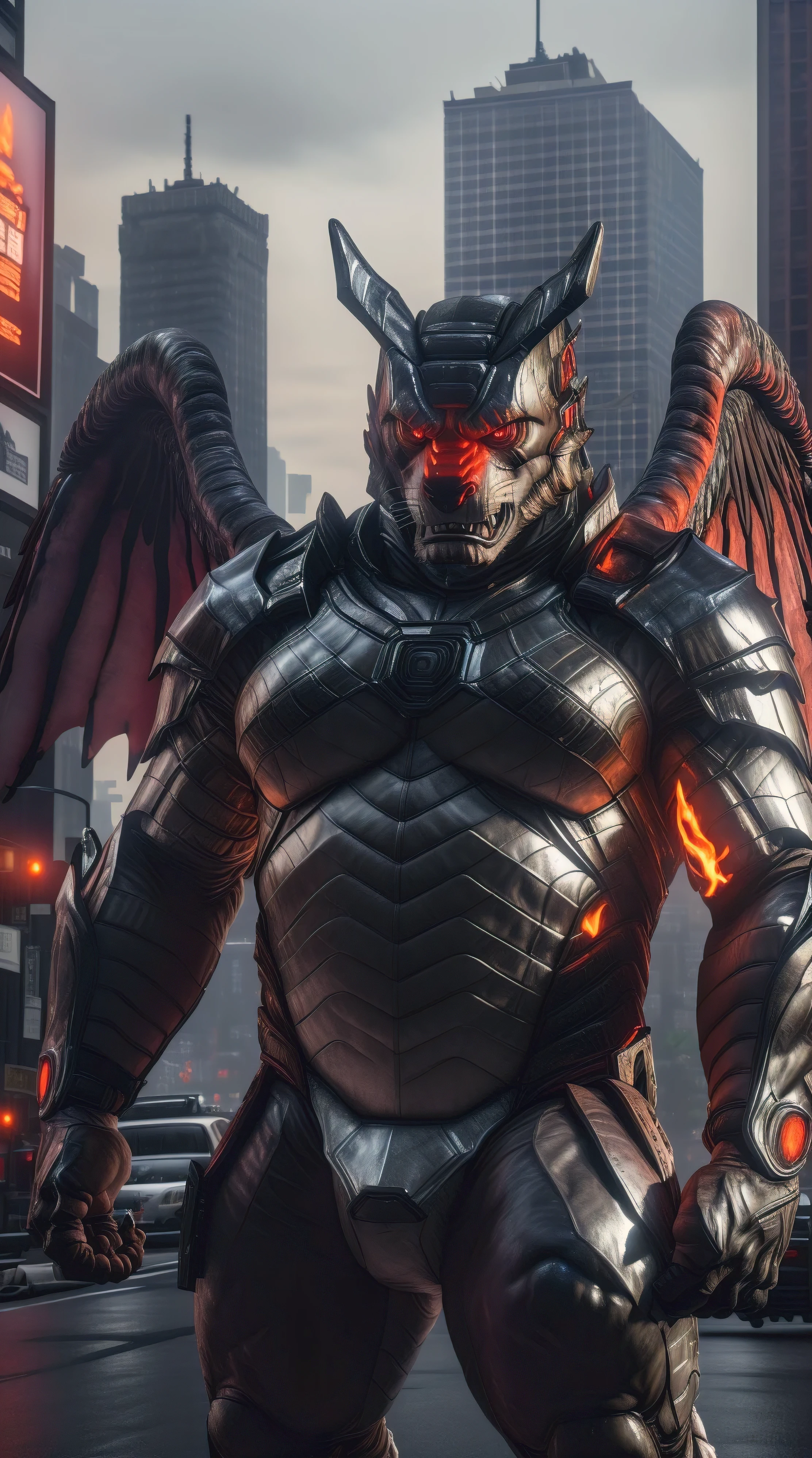 (better quality,16k,32k,Altas,master piece:1.2),ultra-detalhado,(realistic,photorealistic,photo-realistic:1.37),(chefe Orochi William) serious expression a realistic background of New York City on fire bright red eyes wearing Wearing Cyborg Armor super villain pose Black angel wings expression of serious courageous and confident.