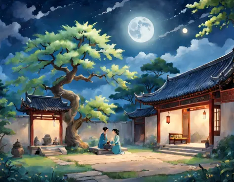 ancient china, a courtyard, moon and stars in the sky, there is a tree in the yard, under the tree there is one 16 year-old girl...