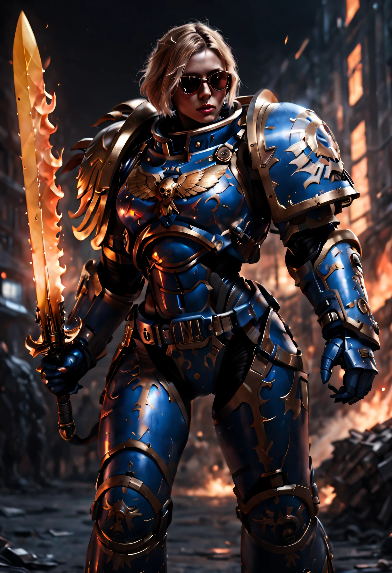 Warhammer 40K universe，Ritterrüstung Mädchen，Mechanischer Anzug mit blau-goldener Rüstung，glänzende rote Sonnenbrille, Krieg, Umwelt，Bewaffnet mit einem flammenden Schwert，Zerstörte Gebäude und Flammen，Der Hintergrund ist eine futuristische Stadtlandschaft，strenge und bedrohliche Atmosphäre，Sci-Fi-Cyberpunk-Ästhetik，Hoher Kontrast und entsättigte Töne，Dramatische und dynamische Lichteffekte in Bestqualität,4K,(Eine hohe Auflösung,Meisterstück:1.2),ultra-detailliert,(tatsächlich,phototatsächlich,photo-tatsächlich:1.37)