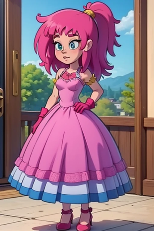 jun juniper lee, asian american, dark hair, long dark hair brown eyes, wearing a dress, pink dress, pink princess dress, princess dress, long dress, gloves, pink gloves, long gloves, front view, great anatomy, great coloring , full body on frame, small breasts, tiny breasts, perfect eyes, detailed eyes, great coloring,