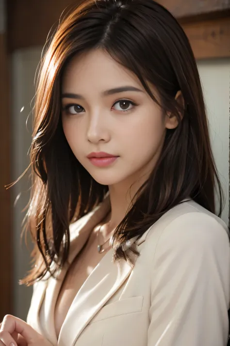 Best quality at best, realistically, ultra - detailed, Detailed pubic hair, A high resolution, 8k wallpaper, 1 Beautiful woman,,light brown messy hair, dressed in a suit, lock focus, Perfect dynamic composition, beautidful eyes, Delicate hair, 细致realistica...