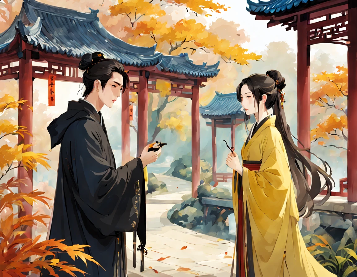 ancient china, Jiangnan garden, autumn, a pavillion, under the pavillion there is a young man wearing black cloak with hood, he is holding a beautiful chinese hair pin in his hand, there is one girl standing a few step away from the man, she is wearing a flowing yellow robes, the two people are a talking happily