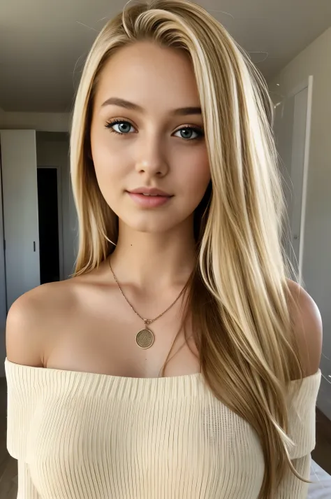 1girl in, age19, Solo, Long hair, Colossal tits, Looking at Viewer, blondehair, Bare shoulders, Brown eyes, jewely, Full body, a necklace, off shoulders, Sweaters, Realistic, A sexy