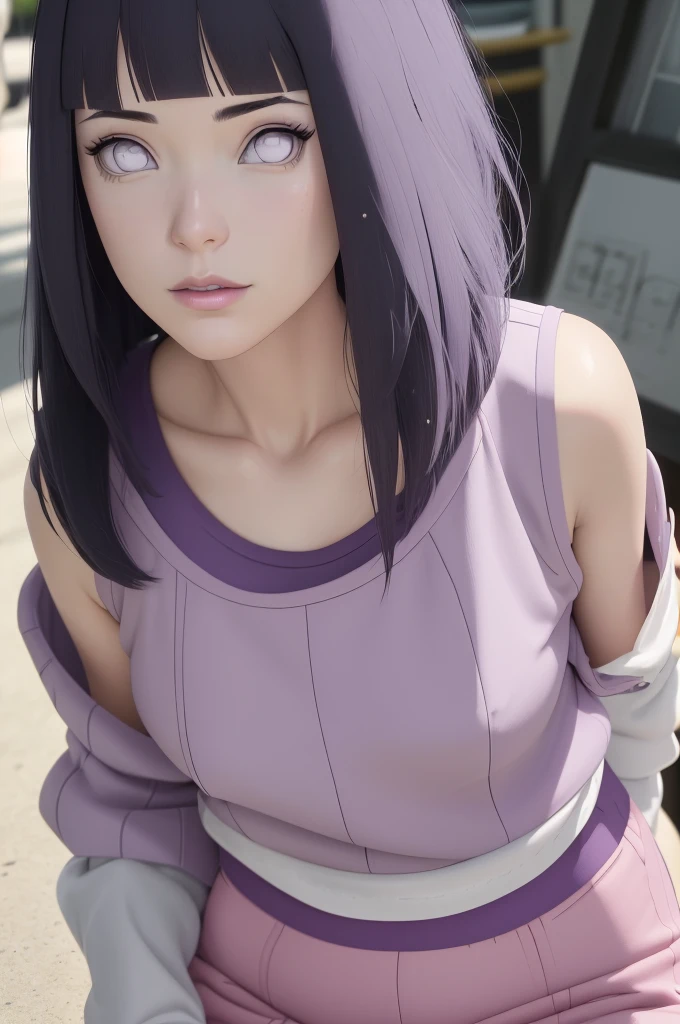 (masterpiece) master part, absurderes, hinata\(boruto\), 1girl, standing alone,Mature female, purple hoodie,layered sleeves, brown pants, plein-air, Cloudy sky, perfect composition, circumstantiated lips, large breasted, beautiful face, body propotion, blush, (pink lips), short-hair, Bblack hair, lilac eyes, gentle look, super realistic, circunstanciado, Photo Session, realistic face and body, Realistic hair, realisticeyes, realistic nose, realistic lips, brown pants, アニメ, walking under the flower petals, lilac sneakers