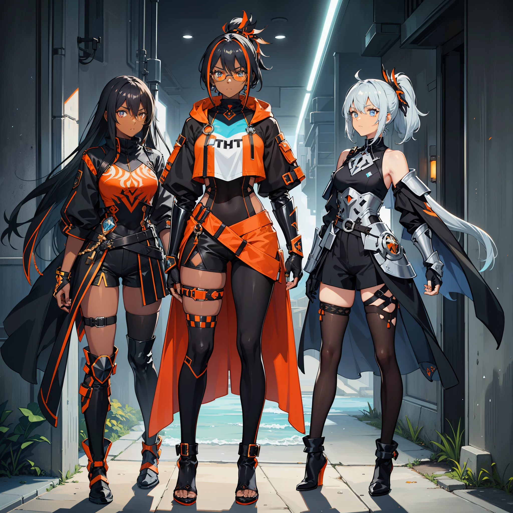 (((One character))), Female, (((Dark Skin)))), Black Hair with Ponytail, Light Blue Eyes, Round Glasses with a Little Dark Lens with this Lens being Orange, and the Light Blue Color frame, (((Black Metallic Gauntlets and Greaves with Orange and Silver Highlights)), (((The Clothes Have a Mix of Modern and Tribal)))), Having Mostly Black Color,  but having Orange Parts, Shoulders on Display, On the Hip a Shorts extending to Half of the Thigh of black color.