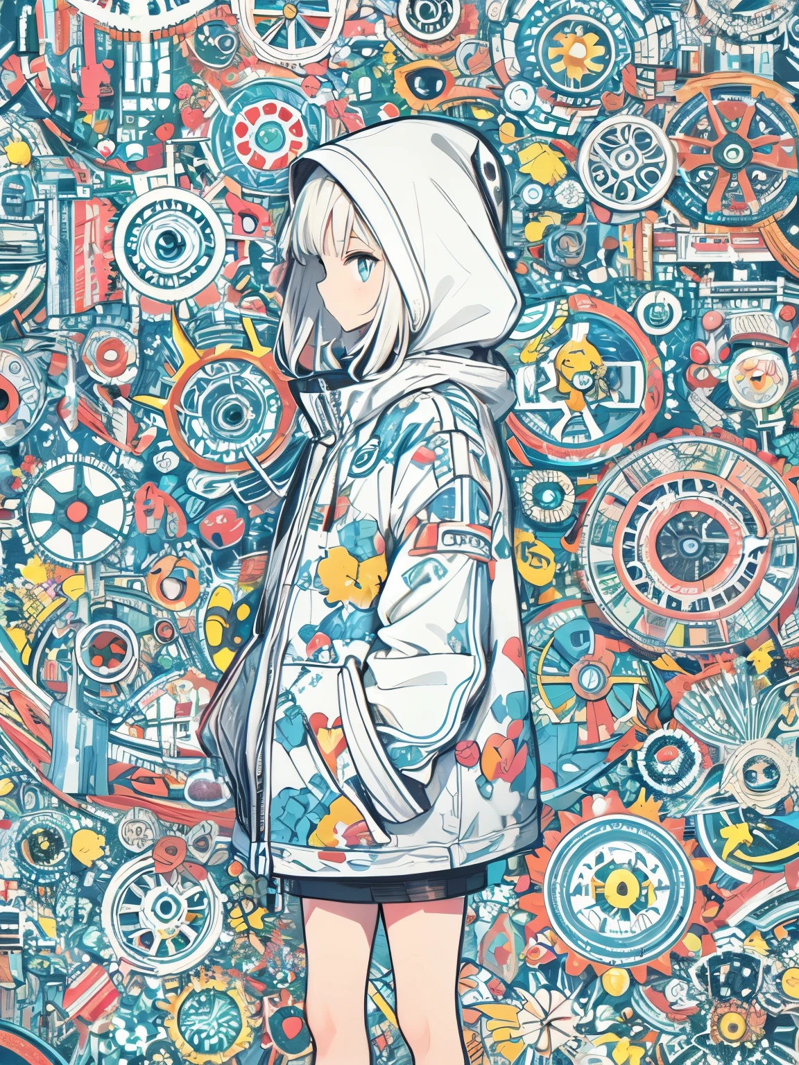 Stylized anime illustration BREAK Profile focused on background character BREAK Short white haired character wearing a large hooded jacket, BREAK looking sideways with a calm expression A complex background made up of mechanical gears and cogs in a variety of soft colors, Create complex but harmonious mosaics