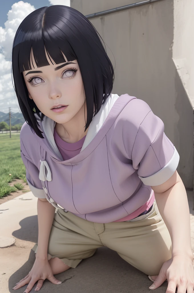 (masterpiece)master part, absurdos, Hinata\(Boruto\), 1girl, sozinho,Mature female, Capuz roxo,mangas em camadas, brown pants, ao ar livre, Campo de flores de lavanda, looking at the petals), Cloudy sky, perfect composition, circunstanciado lips, peito grande, beautiful face, body propotion, corar, (pink lips), cabelos curtos, lilac eyes, olhar suave, sorriso triste, super realistic, circunstanciado, Photo Session, rosto e corpo realistas, Realistic hair, olhos realistas, nariz realista, realistic lips, brown pants, anime, andando sob as petalas de flores, lilac sneakers